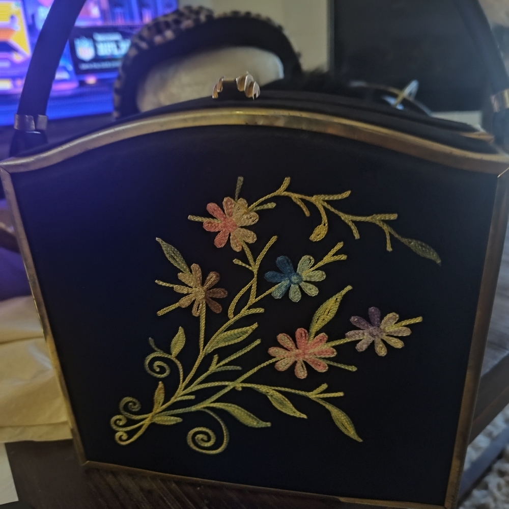 Vintage Floral Embroidered Black Handbag